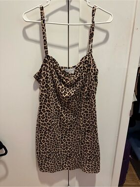 Leopard Print Ruched Neck Slip Dress